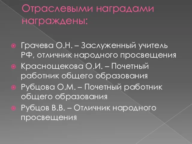 Отраслевыми наградами награждены: Грачева О.Н. – Заслуженный учитель РФ, отличник народного просвещения