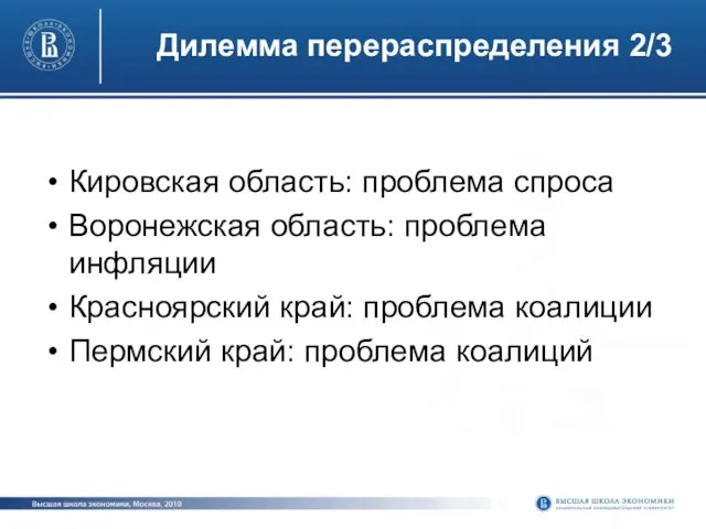 Дилемма перераспределения 2/3 Кировская область: проблема спроса Воронежская область: проблема инфляции Красноярский