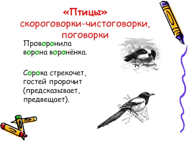 «Птицы» скороговорки-чистоговорки, поговорки Проворонила ворона воронёнка. Сорока стрекочет, гостей пророчит (предсказывает, предвещает).