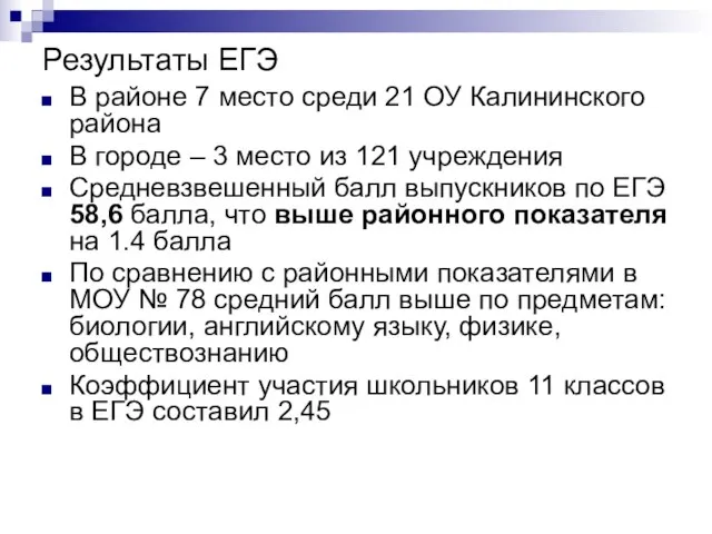 Результаты ЕГЭ В районе 7 место среди 21 ОУ Калининского района В