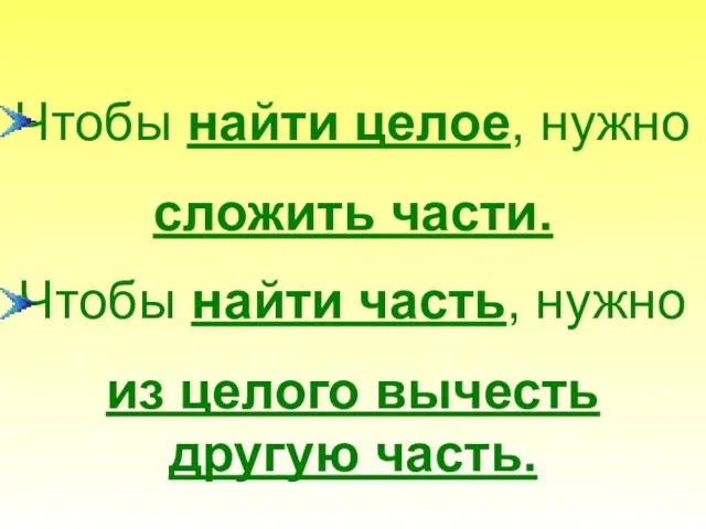 Чтобы найти целое, нужно сложить части. Чтобы найти часть, нужно из целого вычесть другую часть.