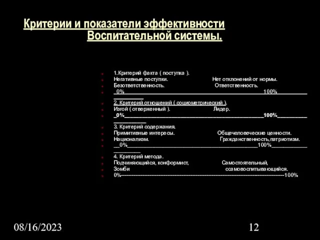 08/16/2023 Критерии и показатели эффективности Воспитательной системы. 1.Критерий факта ( поступка ).