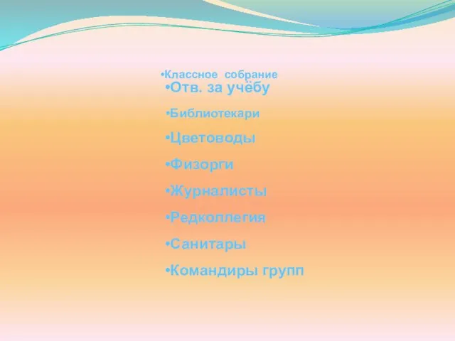 Классное собрание Отв. за учёбу Библиотекари Цветоводы Физорги Журналисты Редколлегия Санитары Командиры групп