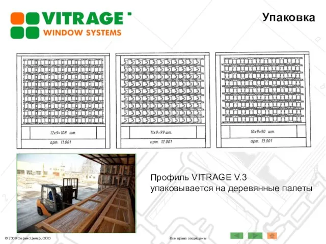 Упаковка Профиль VITRAGE V.3 упаковывается на деревянные палеты © 2009 СервисЦентр, ООО Все права защищены