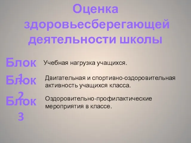 Оценка здоровьесберегающей деятельности школы Блок 1 Блок 3 Блок 2 Учебная нагрузка