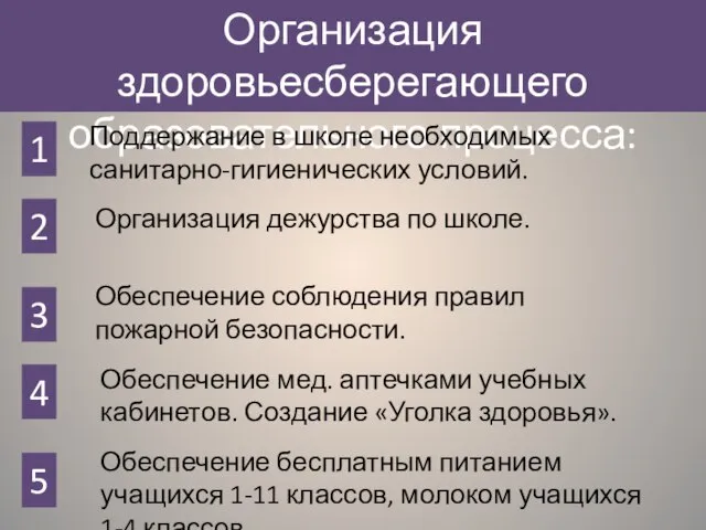 Организация здоровьесберегающего образовательного процесса: 1 Поддержание в школе необходимых санитарно-гигиенических условий. 2