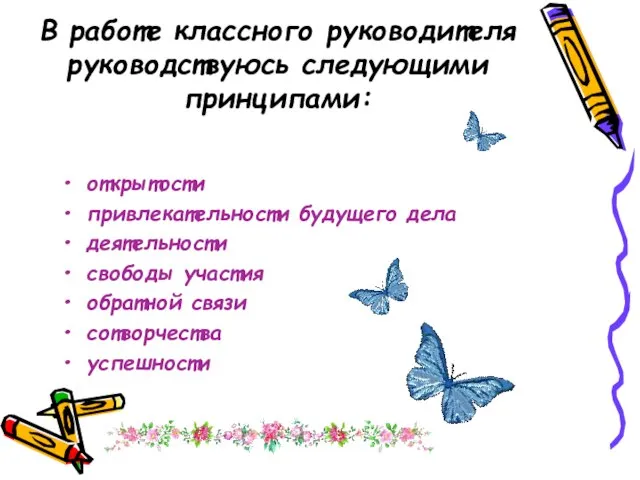 В работе классного руководителя руководствуюсь следующими принципами: открытости привлекательности будущего дела деятельности