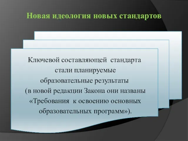 Новая идеология новых стандартов Ключевой составляющей стандарта стали планируемые образовательные результаты (в