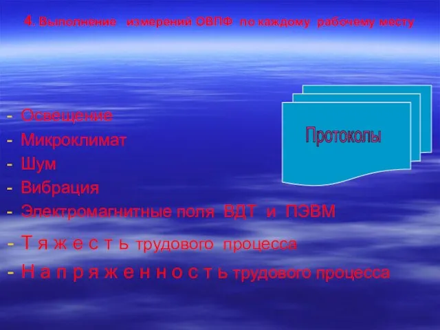 4. Выполнение измерений ОВПФ по каждому рабочему месту Освещение Микроклимат Шум Вибрация