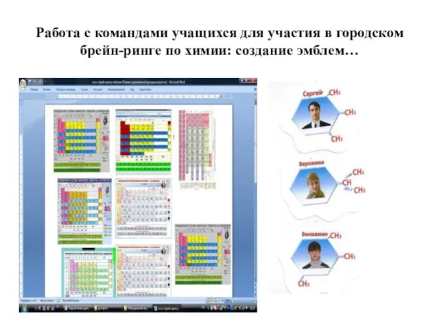 Работа с командами учащихся для участия в городском брейн-ринге по химии: создание эмблем…