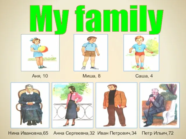 My family Аня, 10 Миша, 8 Саша, 4 Нина Ивановна,65 Анна Сергеевна,32 Иван Петрович,34 Петр Ильич,72