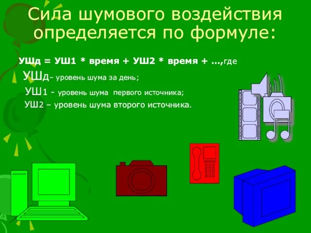 Сила шумового воздействия определяется по формуле: УШд = УШ1 * время +