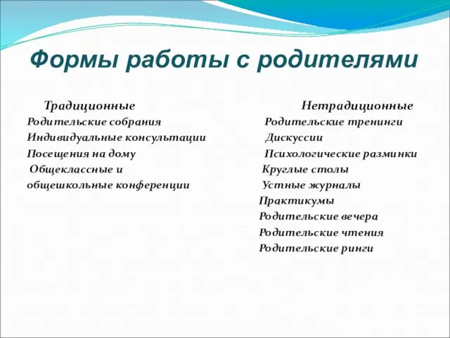 Формы работы с родителями Традиционные Нетрадиционные Родительские собрания Родительские тренинги Индивидуальные консультации