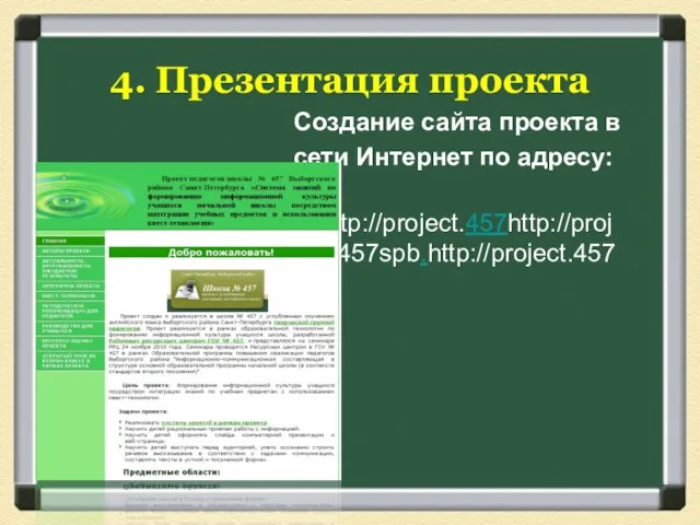 4. Презентация проекта Создание сайта проекта в сети Интернет по адресу: httphttp://http://project.http://project.457http://project.457spbhttp://project.457spb.http://project.457spb.ru