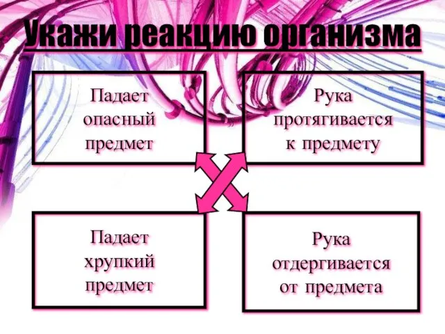 Укажи реакцию организма Падает опасный предмет Падает хрупкий предмет Рука отдергивается от