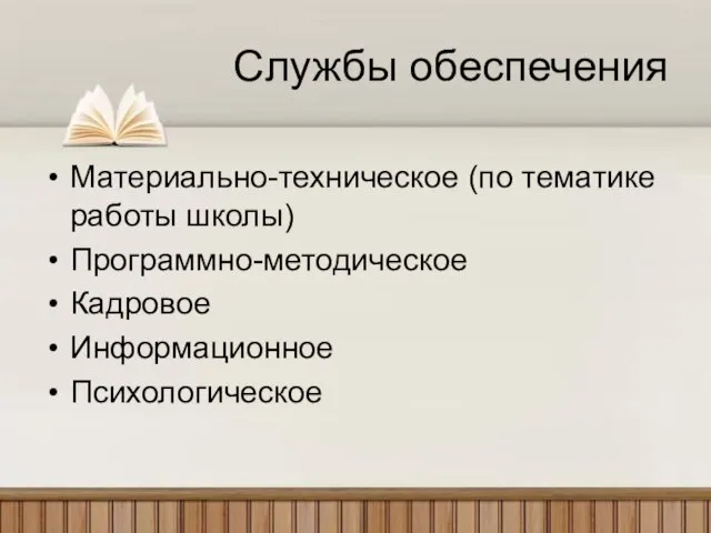 Службы обеспечения Материально-техническое (по тематике работы школы) Программно-методическое Кадровое Информационное Психологическое