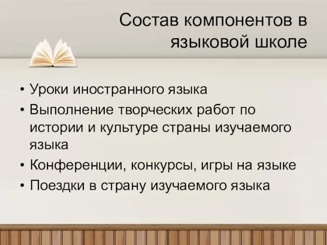 Состав компонентов в языковой школе Уроки иностранного языка Выполнение творческих работ по