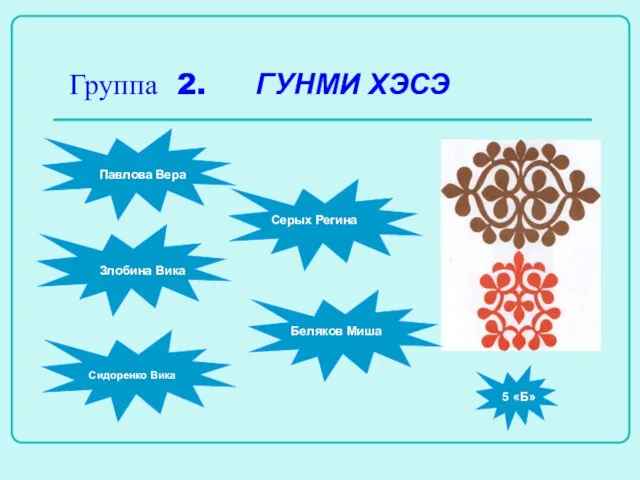 Группа 2. ГУНМИ ХЭСЭ Павлова Вера Серых Регина Сидоренко Вика Беляков Миша Злобина Вика 5 «Б»