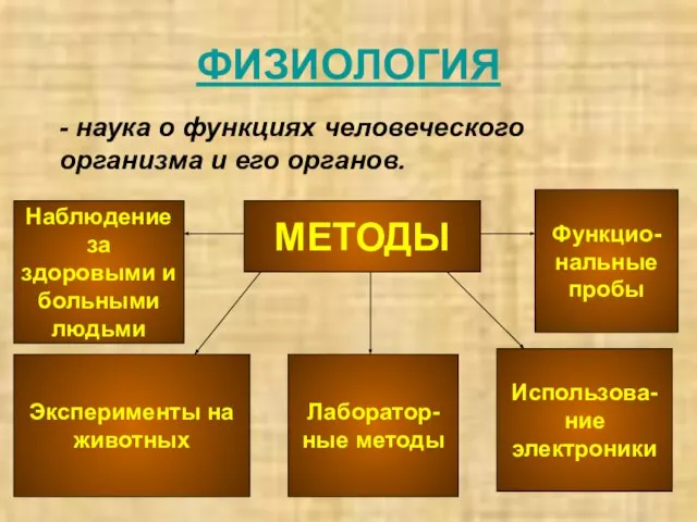 ФИЗИОЛОГИЯ - наука о функциях человеческого организма и его органов. МЕТОДЫ Наблюдение