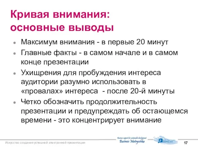 Искусство создания успешной электронной презентации Кривая внимания: основные выводы Максимум внимания -