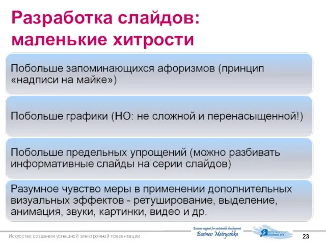 Искусство создания успешной электронной презентации Разработка слайдов: маленькие хитрости