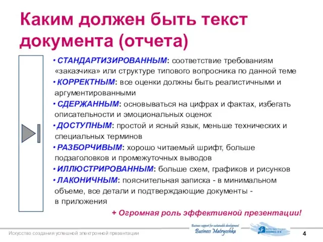 Искусство создания успешной электронной презентации Каким должен быть текст документа (отчета) СТАНДАРТИЗИРОВАННЫМ: