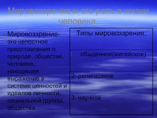 Мировоззрение и его роль в жизни человека. Мировоззрение- это целостное представление о