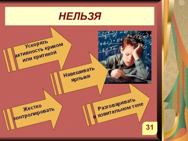 НЕЛЬЗЯ Жестко контролировать Ускорять активность криком или критикой Разговаривать в язвительном тоне Навешивать ярлыки 31