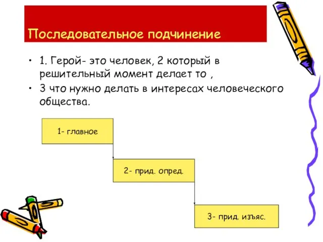 Последовательное подчинение 1. Герой- это человек, 2 который в решительный момент делает