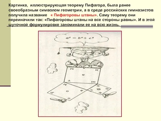 Картинка, иллюстрирующая теорему Пифагора, была ранее своеобразным символом геометрии, а в среде