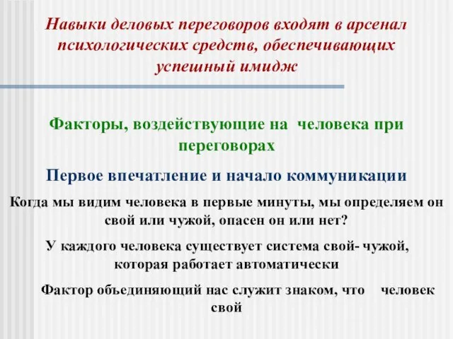 Факторы, воздействующие на человека при переговорах Первое впечатление и начало коммуникации Когда