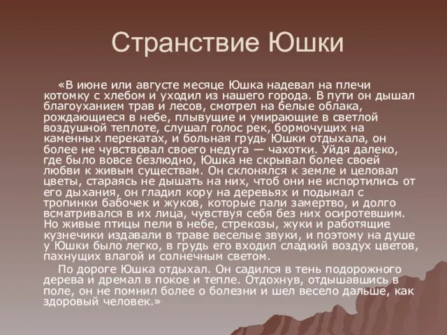 Странствие Юшки «В июне или августе месяце Юшка надевал на плечи котомку