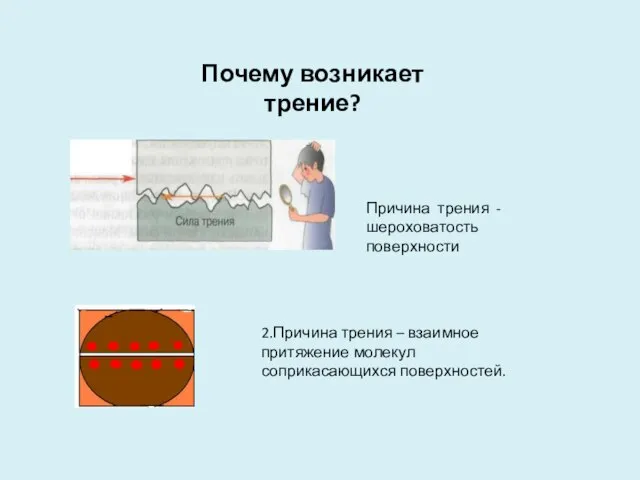 Причина трения -шероховатость поверхности Почему возникает трение? 2.Причина трения – взаимное притяжение молекул соприкасающихся поверхностей.