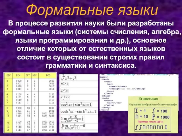 Формальные языки В процессе развития науки были разработаны формальные языки (системы счисления,