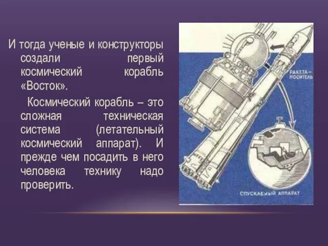 И тогда ученые и конструкторы создали первый космический корабль «Восток». Космический корабль