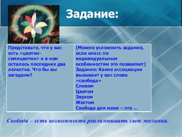 Задание: Свобода – есть возможность реализовывать свои желания.