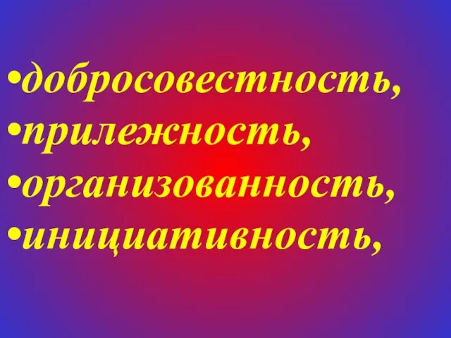 добросовестность, прилежность, организованность, инициативность,