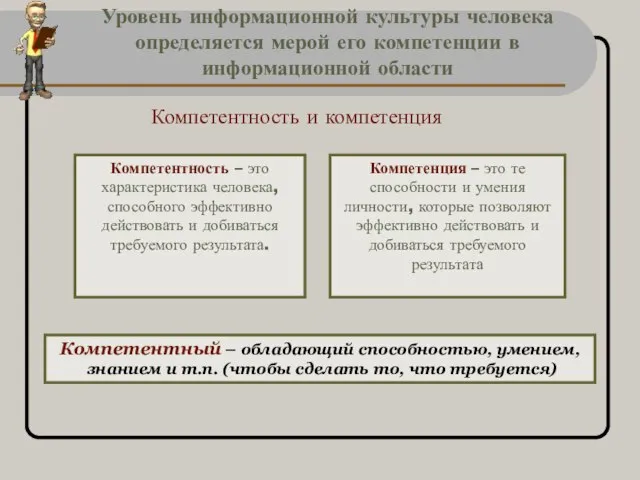 Уровень информационной культуры человека определяется мерой его компетенции в информационной области Компетентность