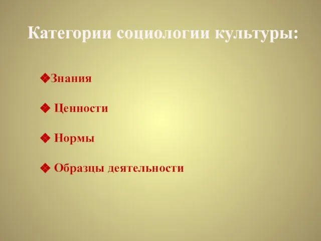 Знания Ценности Нормы Образцы деятельности Категории социологии культуры: