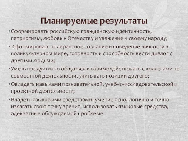 Планируемые результаты Сформировать российскую гражданскую идентичность, патриотизм, любовь к Отечеству и уважение