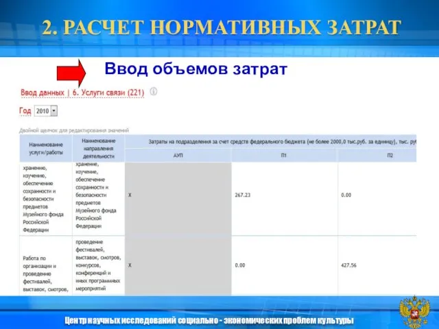 Ввод объемов затрат 2. РАСЧЕТ НОРМАТИВНЫХ ЗАТРАТ Центр научных исследований социально - экономических проблем культуры