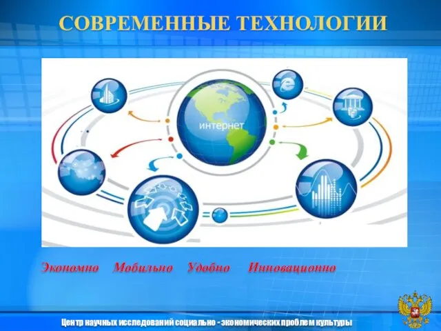 СОВРЕМЕННЫЕ ТЕХНОЛОГИИ Центр научных исследований социально - экономических проблем культуры Экономно Мобильно Удобно Инновационно