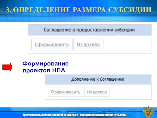 Формирование проектов НПА 3. ОПРЕДЕЛЕНИЕ РАЗМЕРА СУБСИДИИ Центр научных исследований социально - экономических проблем культуры