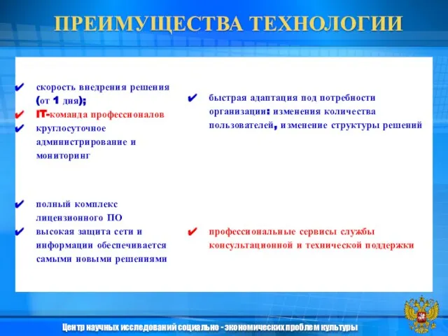 ПРЕИМУЩЕСТВА ТЕХНОЛОГИИ Центр научных исследований социально - экономических проблем культуры