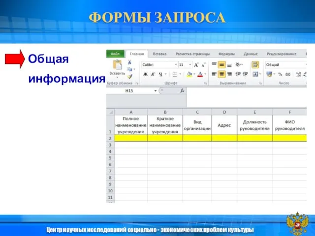 Общая информация ФОРМЫ ЗАПРОСА Центр научных исследований социально - экономических проблем культуры