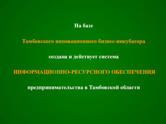 На базе Тамбовского инновационного бизнес-инкубатора создана и действует система ИНФОРМАЦИОННО-РЕСУРСНОГО ОБЕСПЕЧЕНИЯ предпринимательства в Тамбовской области