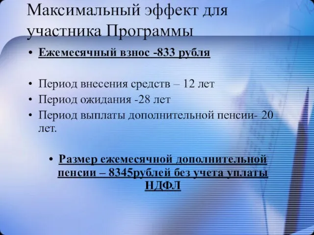 Максимальный эффект для участника Программы Ежемесячный взнос -833 рубля Период внесения средств