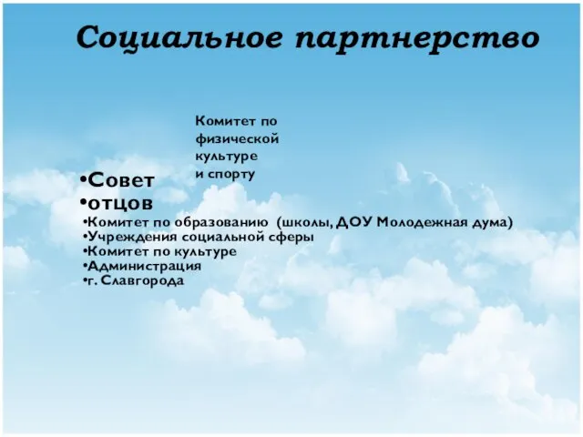 Социальное партнерство Совет отцов Комитет по образованию (школы, ДОУ Молодежная дума) Учреждения