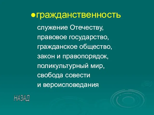 гражданственность служение Отечеству, правовое государство, гражданское общество, закон и правопорядок, поликультурный мир,