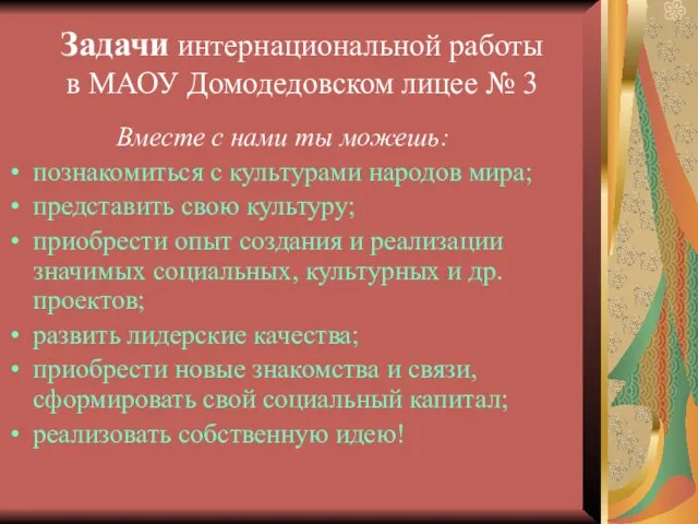 Задачи интернациональной работы в МАОУ Домодедовском лицее № 3 Вместе с нами